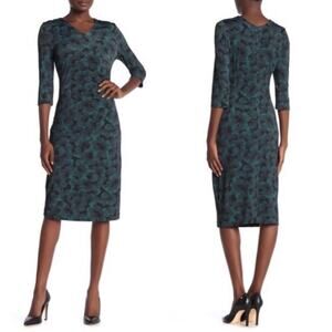 BOSS Hugo Boss Epona V-Neck Sheath Midi Dress Printed Green Fantasy Medium NWT